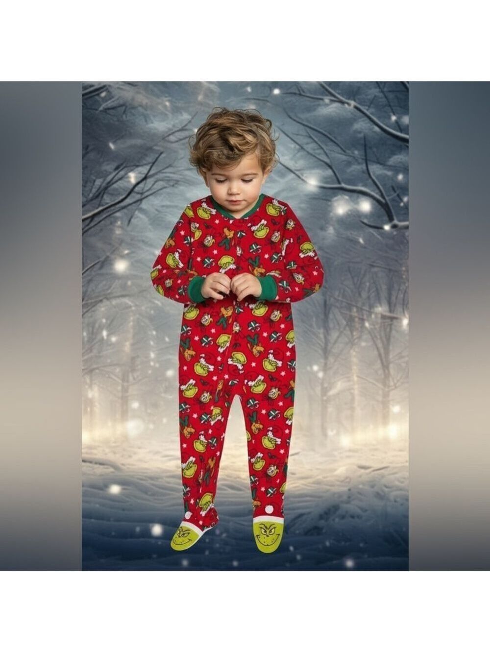 Dr Seuss The Grinch Toddler 5T Red Footed Pajama Sleeper Holiday Fleece Unisex - Picture 2 of 12